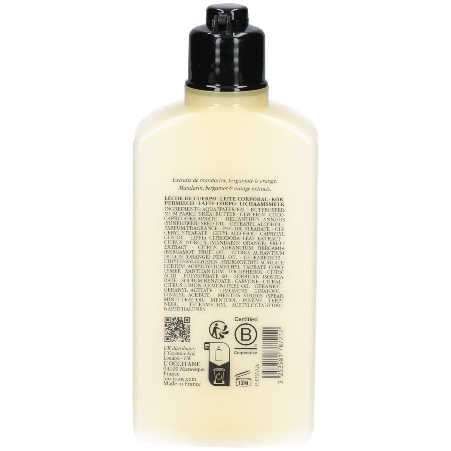 Achterkant van de L'Occitane Bodylotion Verbena Citrus met ingrediënten.