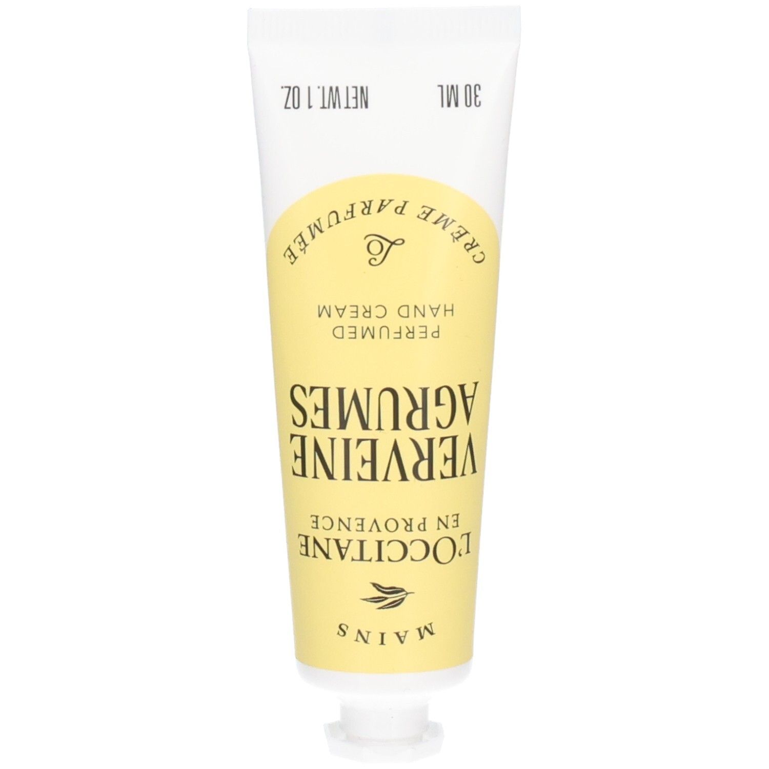 L'Occitane handcrème tube met geel etiket en opschrift "Verbene Agrumes". 30 ml.