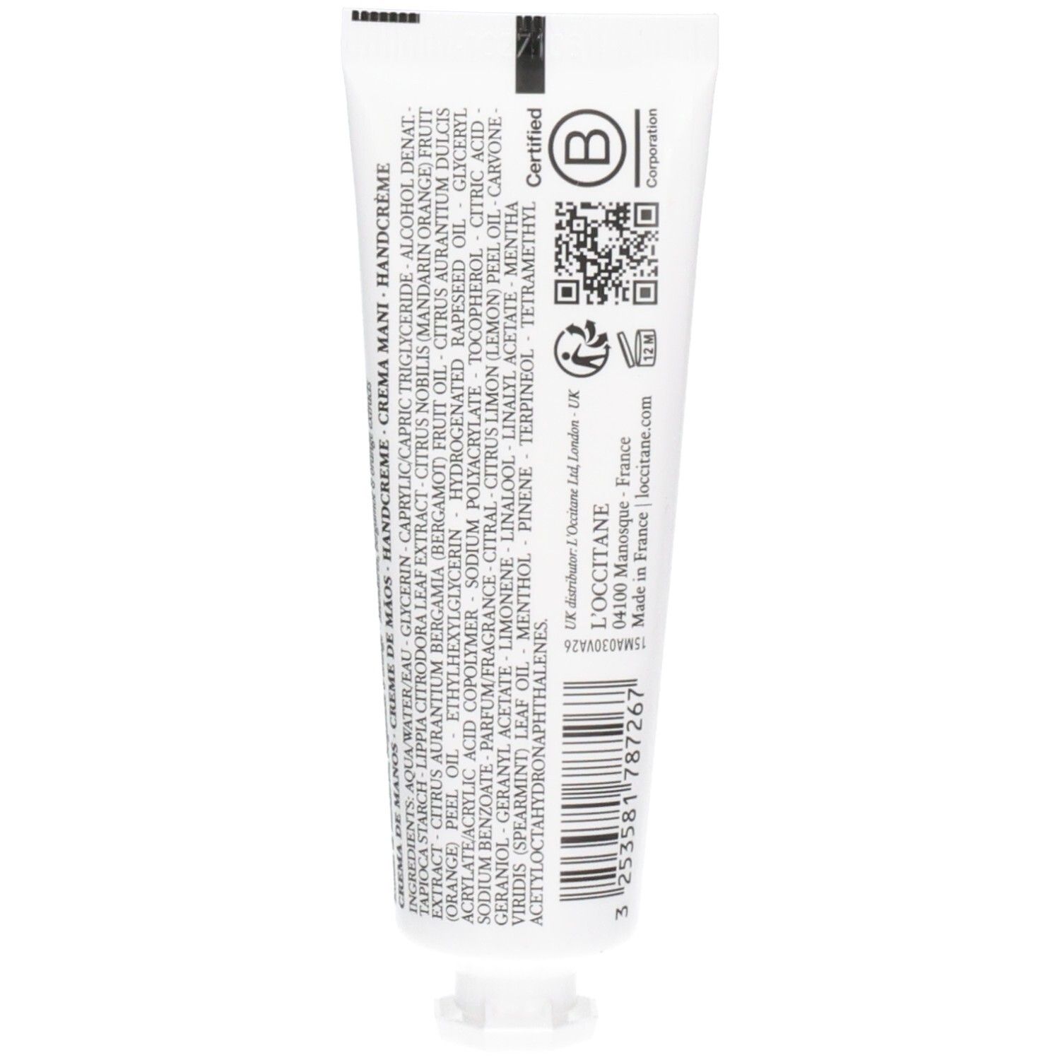 Achterkant van een L'Occitane handcrème tube met ingrediënten en certificeringen. 30 ml.