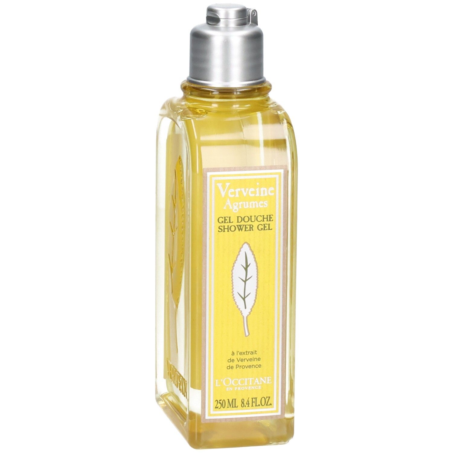 L'OCCITANE douchegel met zilveren dop en gele vloeistof. Voorzijde met bladvorm en productinformatie.