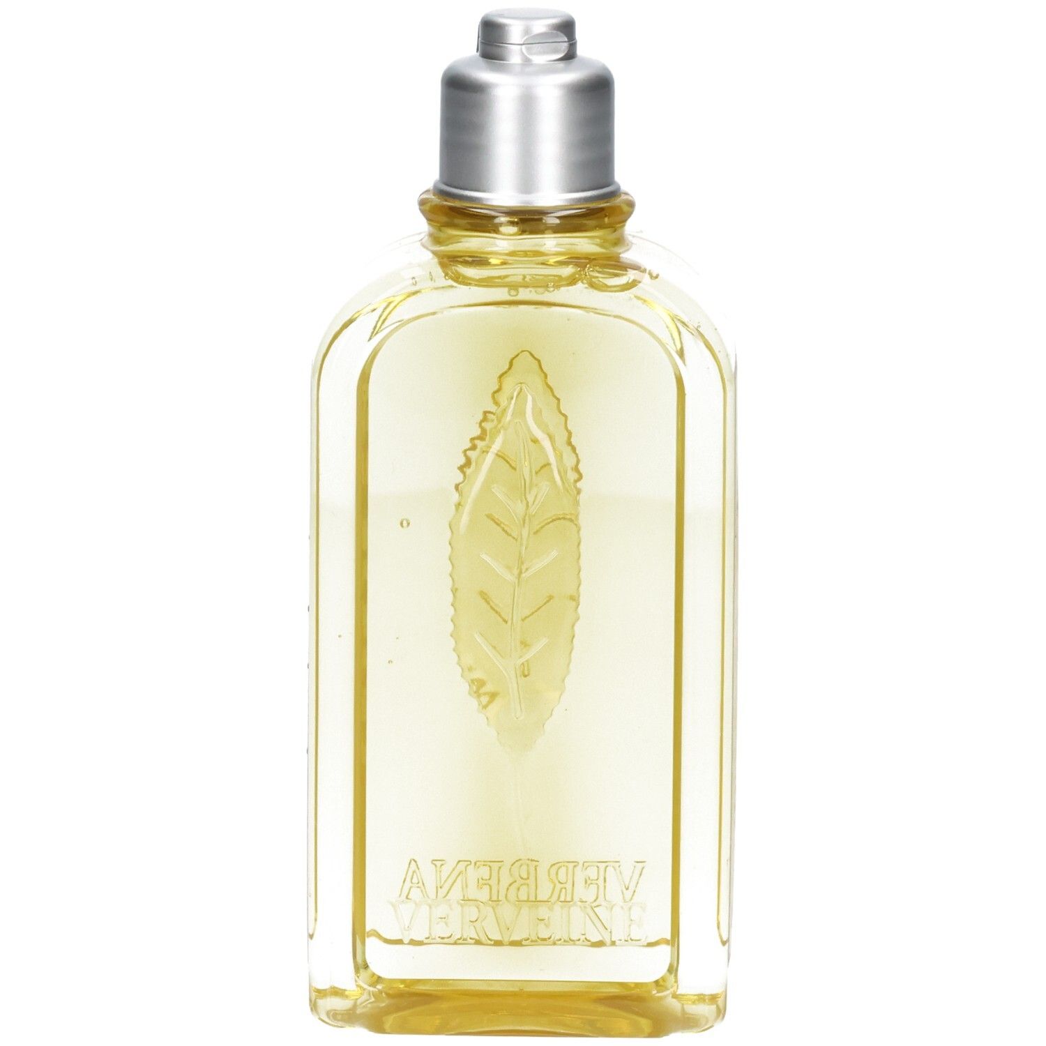 L'OCCITANE douchegel in rechthoekige fles met zilveren dop. Gele vloeistof en reliëf bladvorm aan de voorkant.