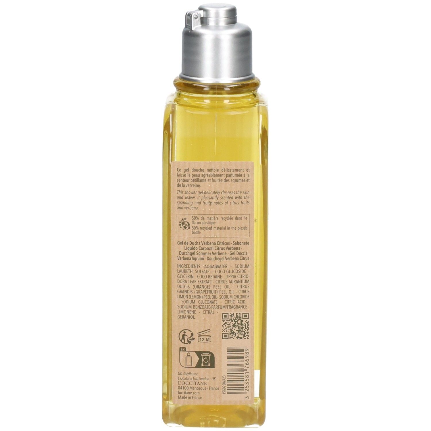 Achterkant van een L'OCCITANE douchegel fles met gedetailleerde productinformatie en QR-code.
