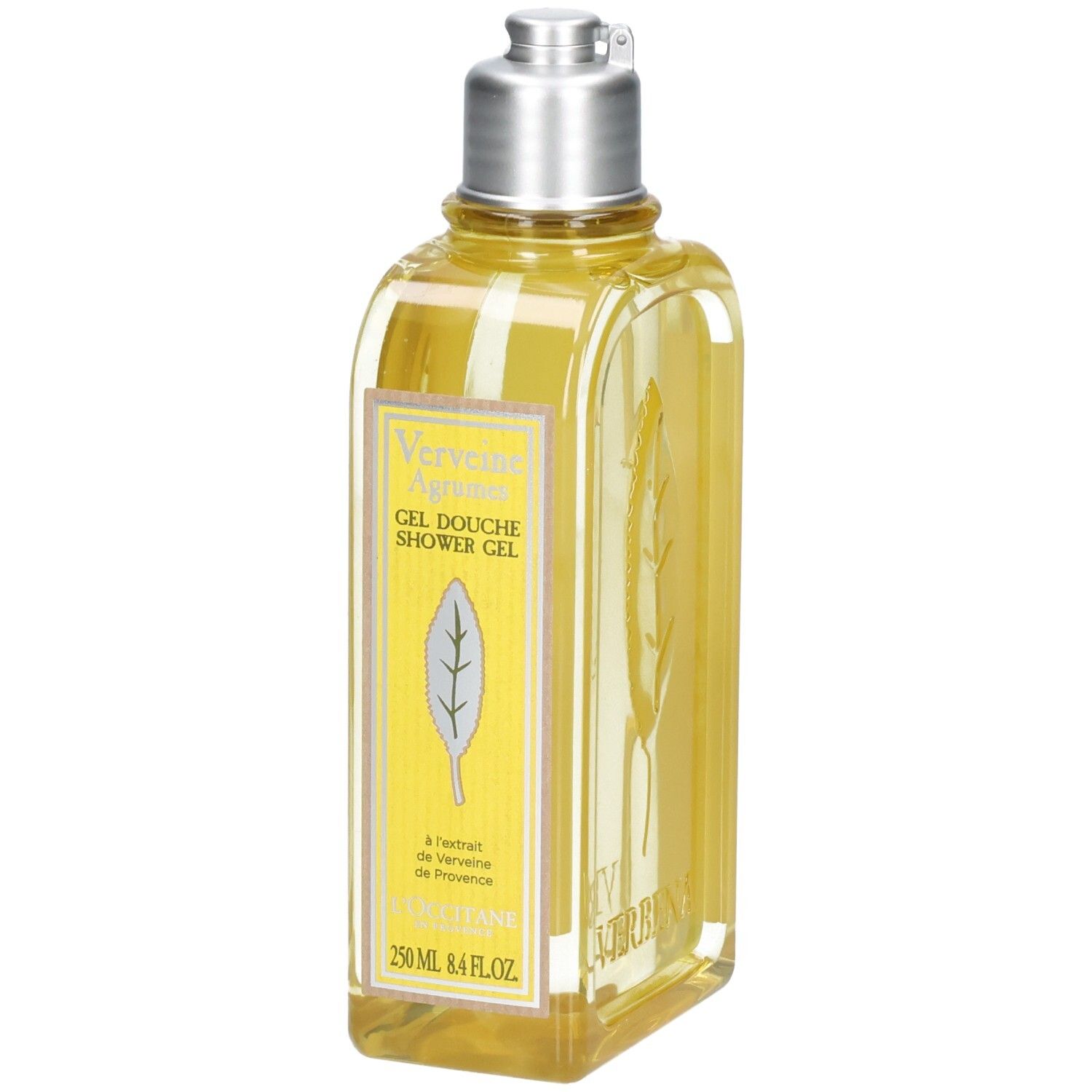 L'OCCITANE douchegel met zilveren dop en gele vloeistof. Voorzijde met bladvorm en productinformatie.