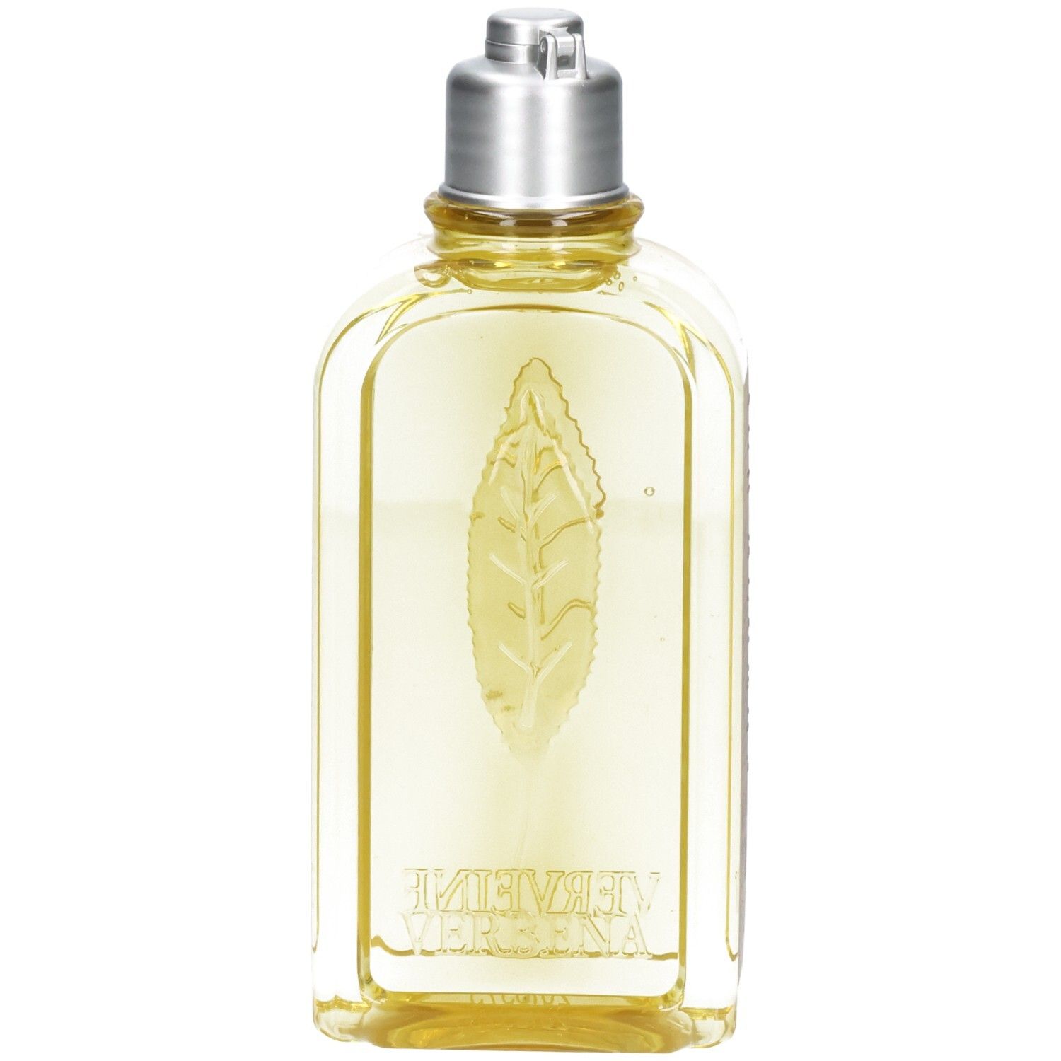 L'OCCITANE douchegel in rechthoekige fles met zilveren dop. Gele vloeistof en reliëf bladvorm aan de voorkant.