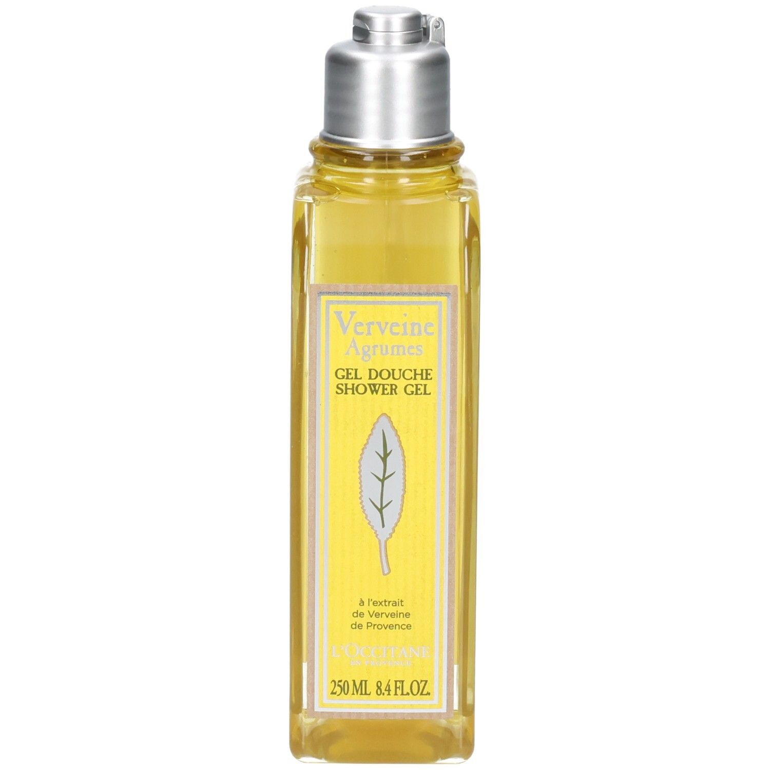 L'OCCITANE douchegel met zilveren dop en gele vloeistof. Voorzijde met bladvorm en productinformatie.