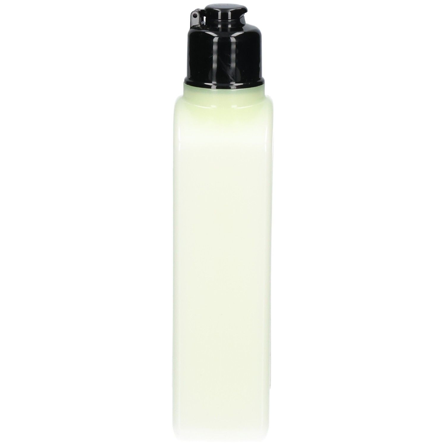 Achterkant van een lichtgroene fles met zwarte pompdispenser, L'Occitane Verveine bodylotion.