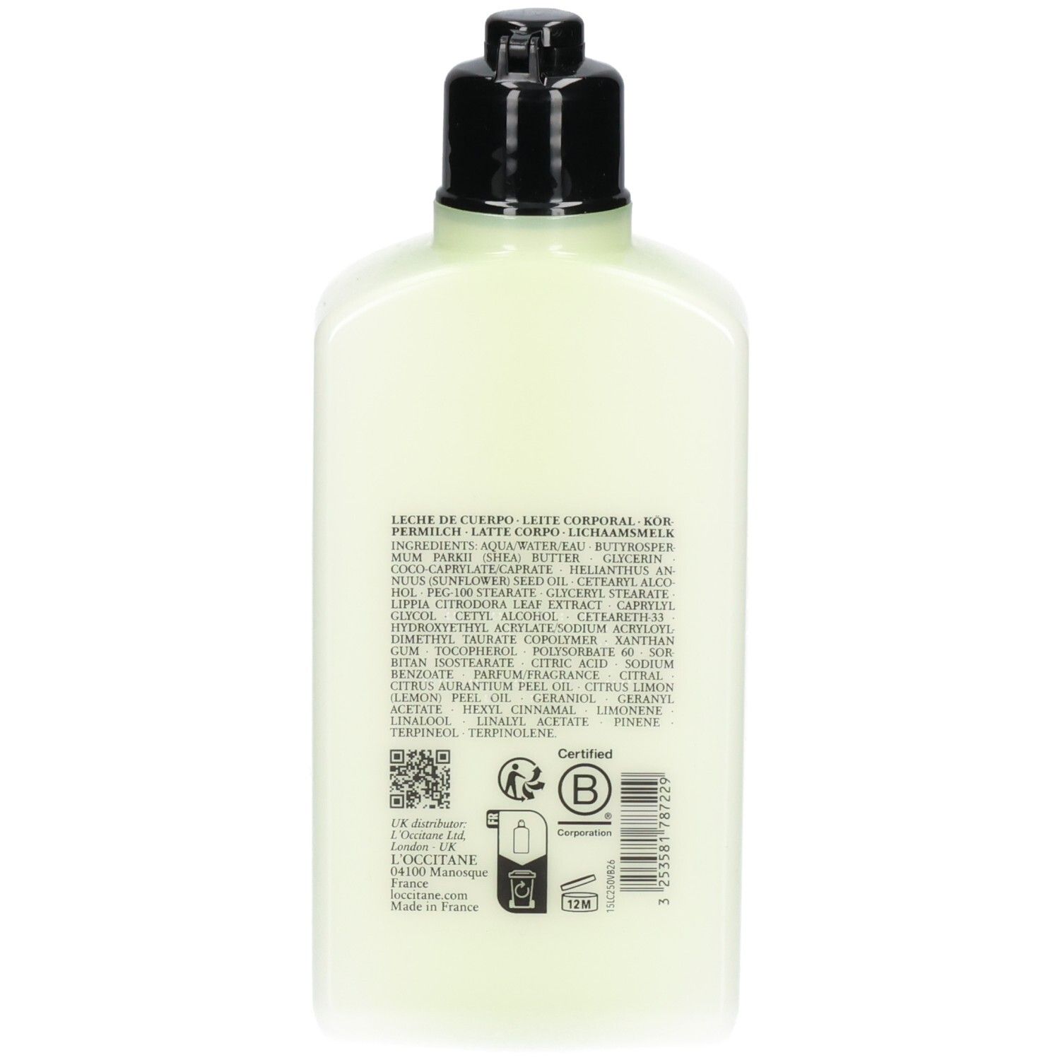 Achterkant van een L'Occitane Verveine bodylotion fles met ingrediëntenlijst en zegels.