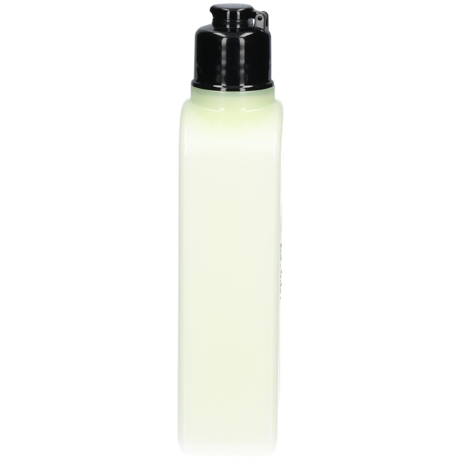 Zijaanzicht van een lichtgroene fles met zwarte pompdispenser, L'Occitane Verveine bodylotion.