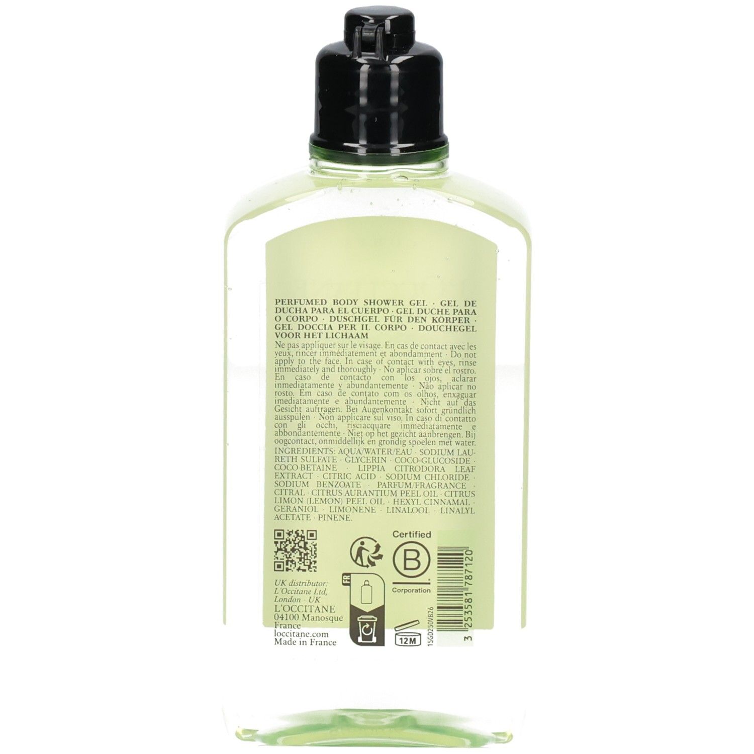 Achterkant van een L'Occitane Verbena Douchegel fles met ingrediënten en certificeringen.