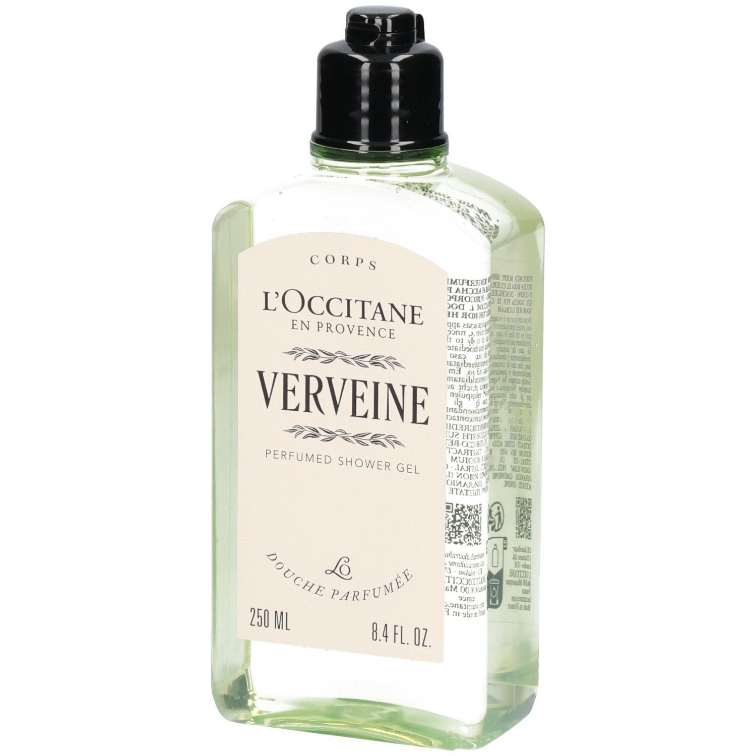 L'Occitane Verbena Douchegel in doorzichtige fles met zwarte dop. Vooraanzicht.