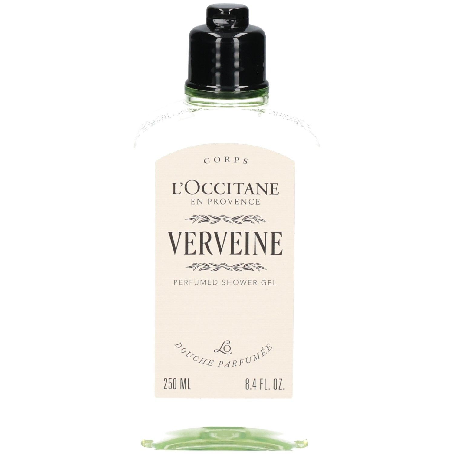 L'Occitane Verbena Douchegel in doorzichtige fles met zwarte dop. Vooraanzicht.