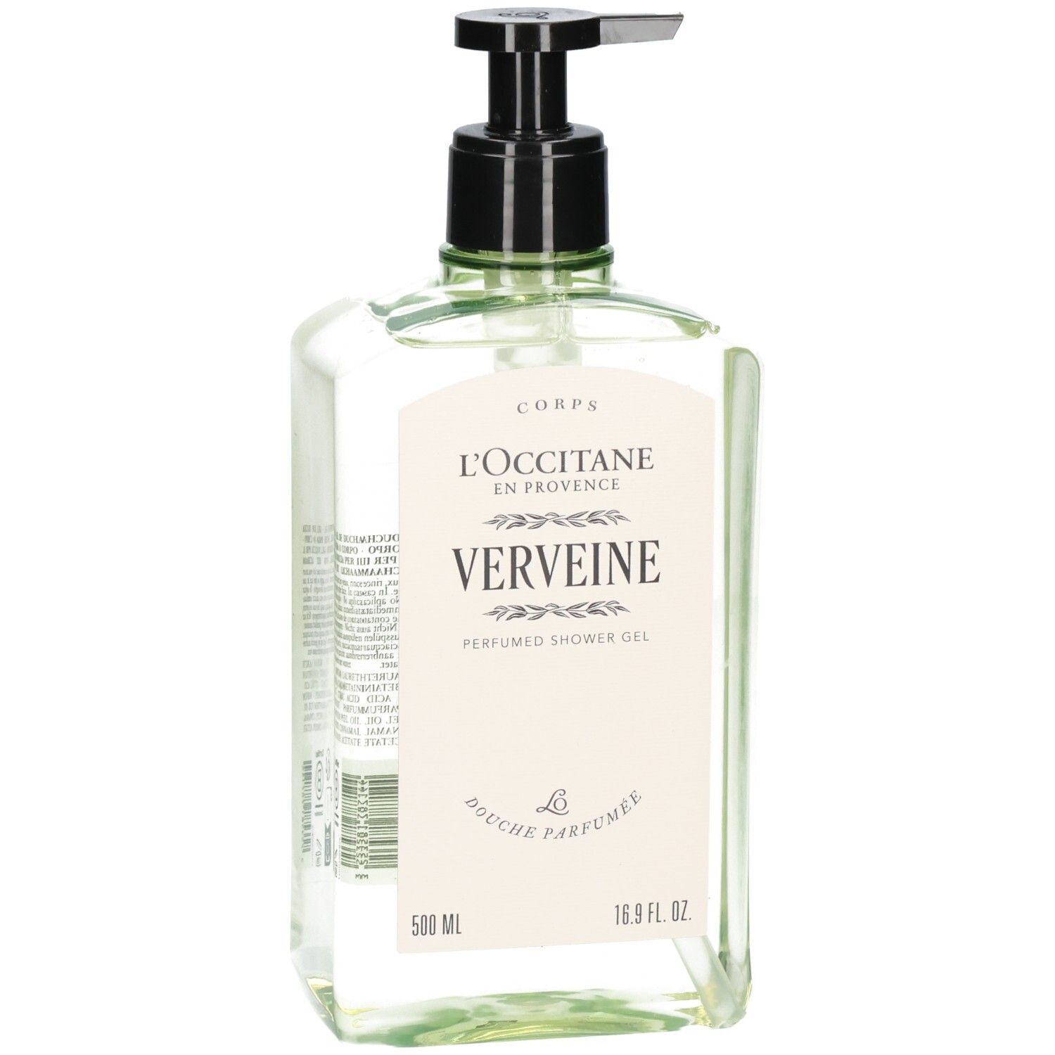 L'Occitane Verveine douchegel in doorzichtige fles met zwarte pompdispenser, 500 ml.
