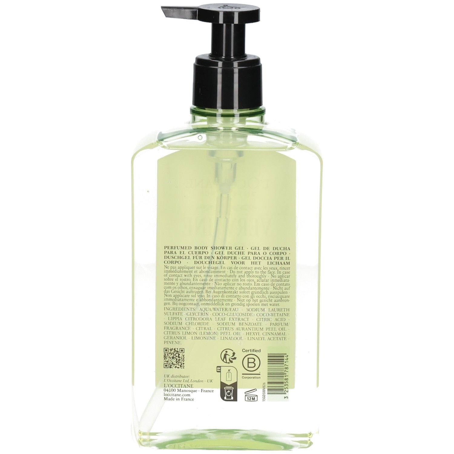 Transparante fles met groene douchegel en zwarte pompdispenser. Bevat tekst en een B-certificeringssymbool.