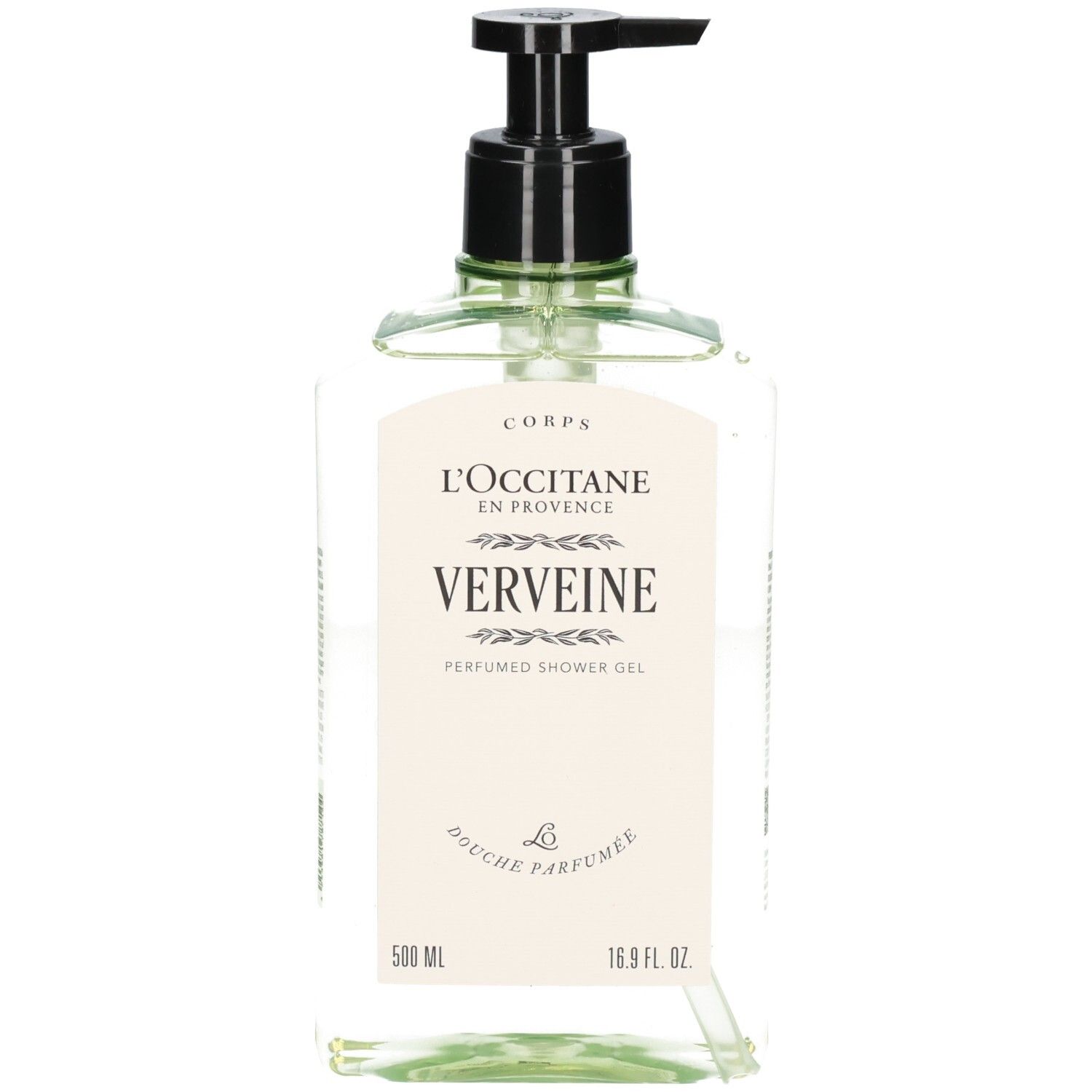 L'Occitane Verveine douchegel in doorzichtige fles met zwarte pompdispenser, 500 ml.