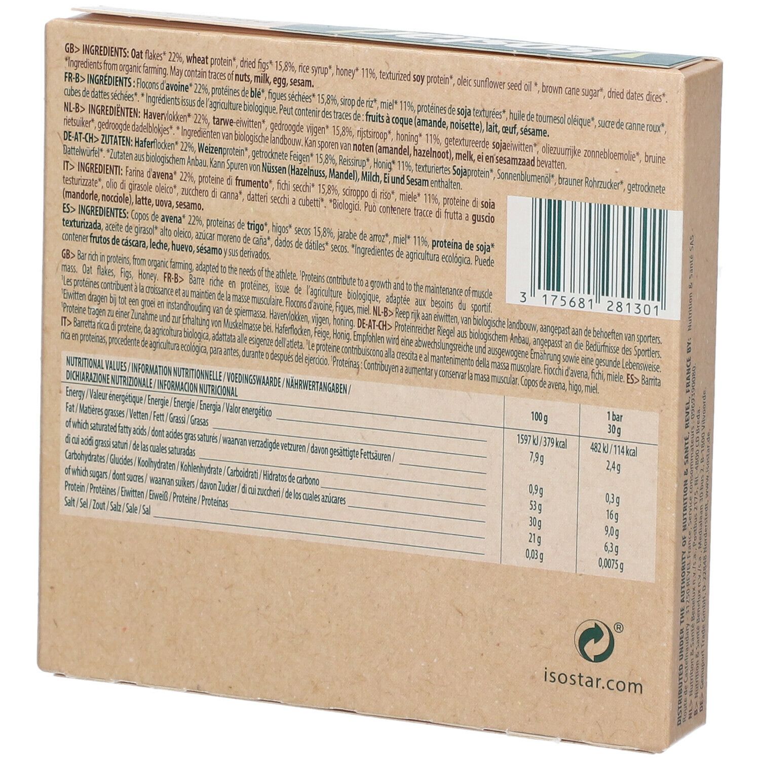 Achterkant van de kartonnen doos. Bevat voedingswaarde-informatie en ingrediëntenlijst. Meertalige tekst.