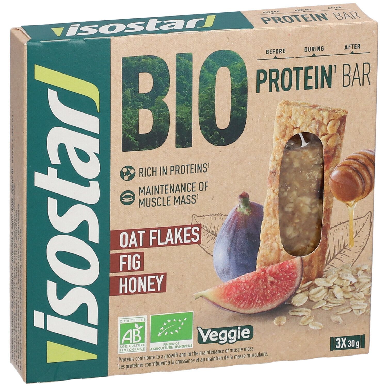 Doos met eiwitreep. Opschrift BIO, Oat Flakes, Fig, Honey. Afbeelding van vijg, honing, havervlokken.