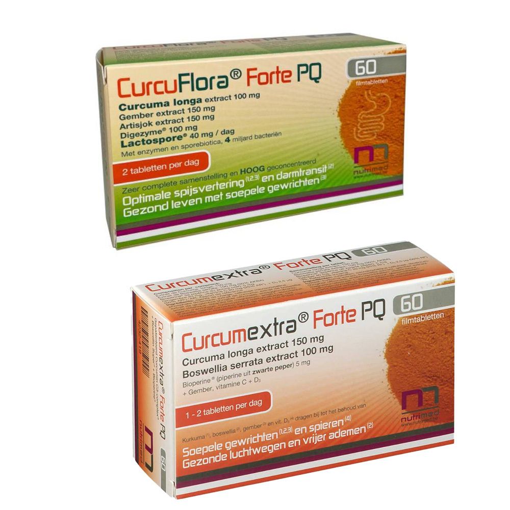 Twee dozen CurcuFlora Forte PQ en Curcumextra Forte PQ. Beide met 60 tabletten. Opschrift met ingrediënten en dosering.