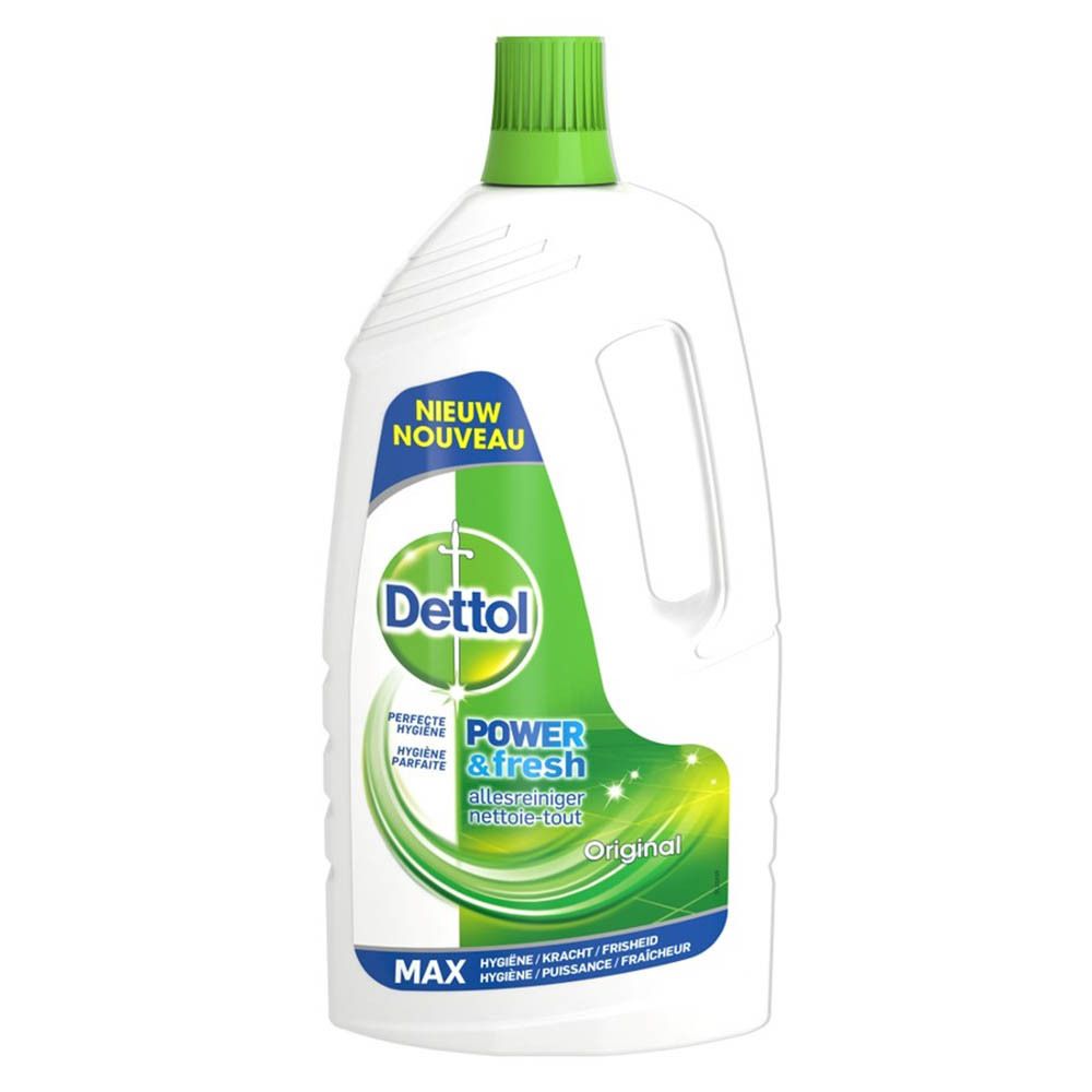 Witte reinigerfles met groene dop en handvat. Opschrift: Dettol Power & Fresh, Original.