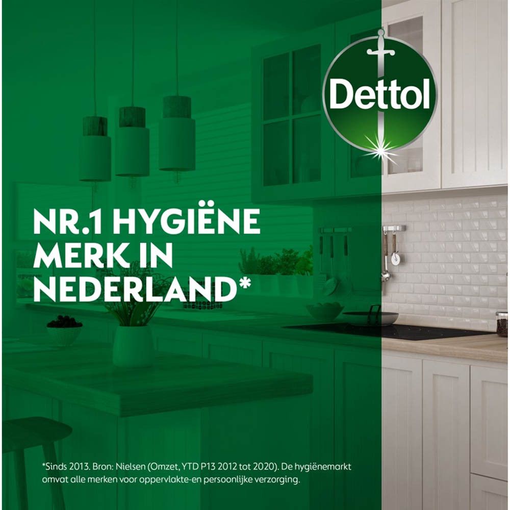Reclame met Dettol-product en keuken. Tekst: Nr.1 Hygiëne merk in Nederland.