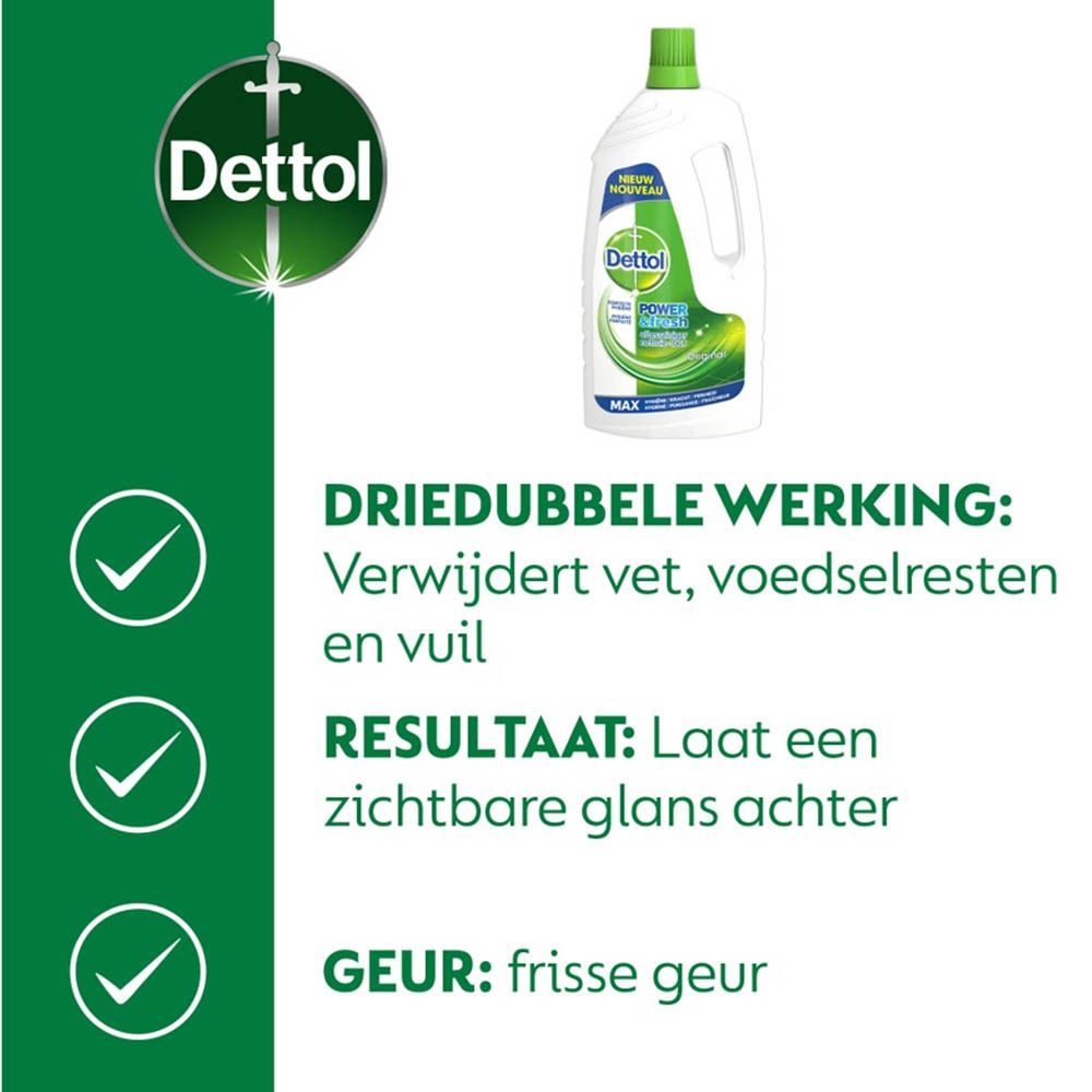 Reclame met Dettol-product en tekst: Driedubbele werking. Verwijdert vet, voedselresten en vuil.