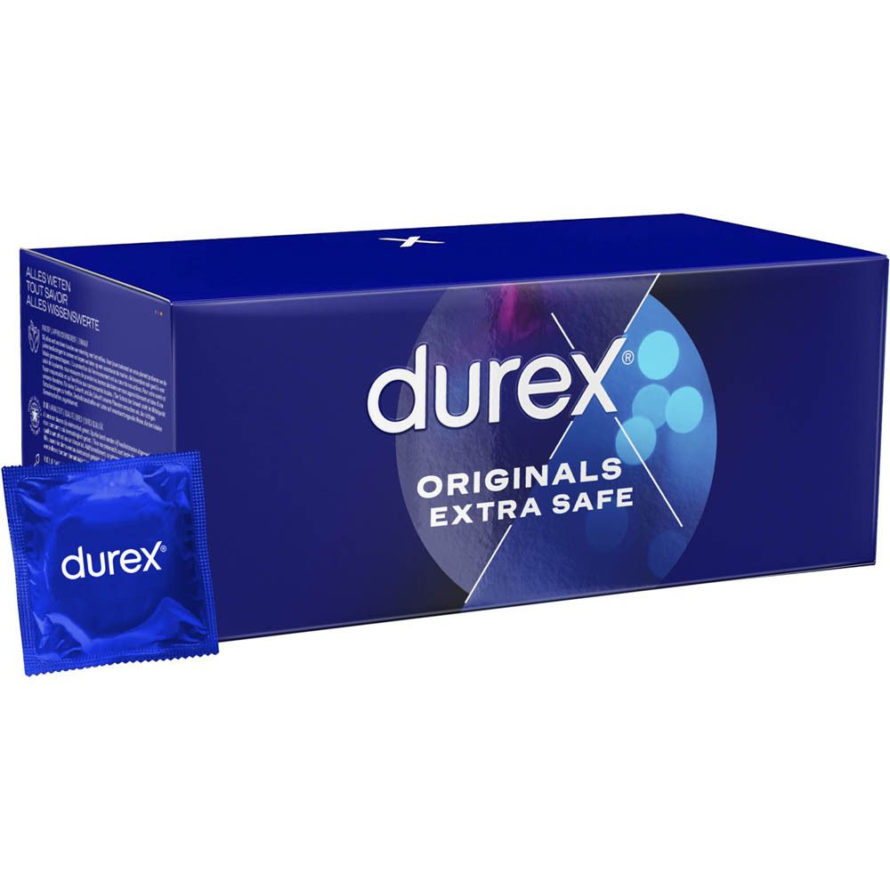 Blauwe condoomverpakking met Durex-logo. Een enkele condoom ernaast.