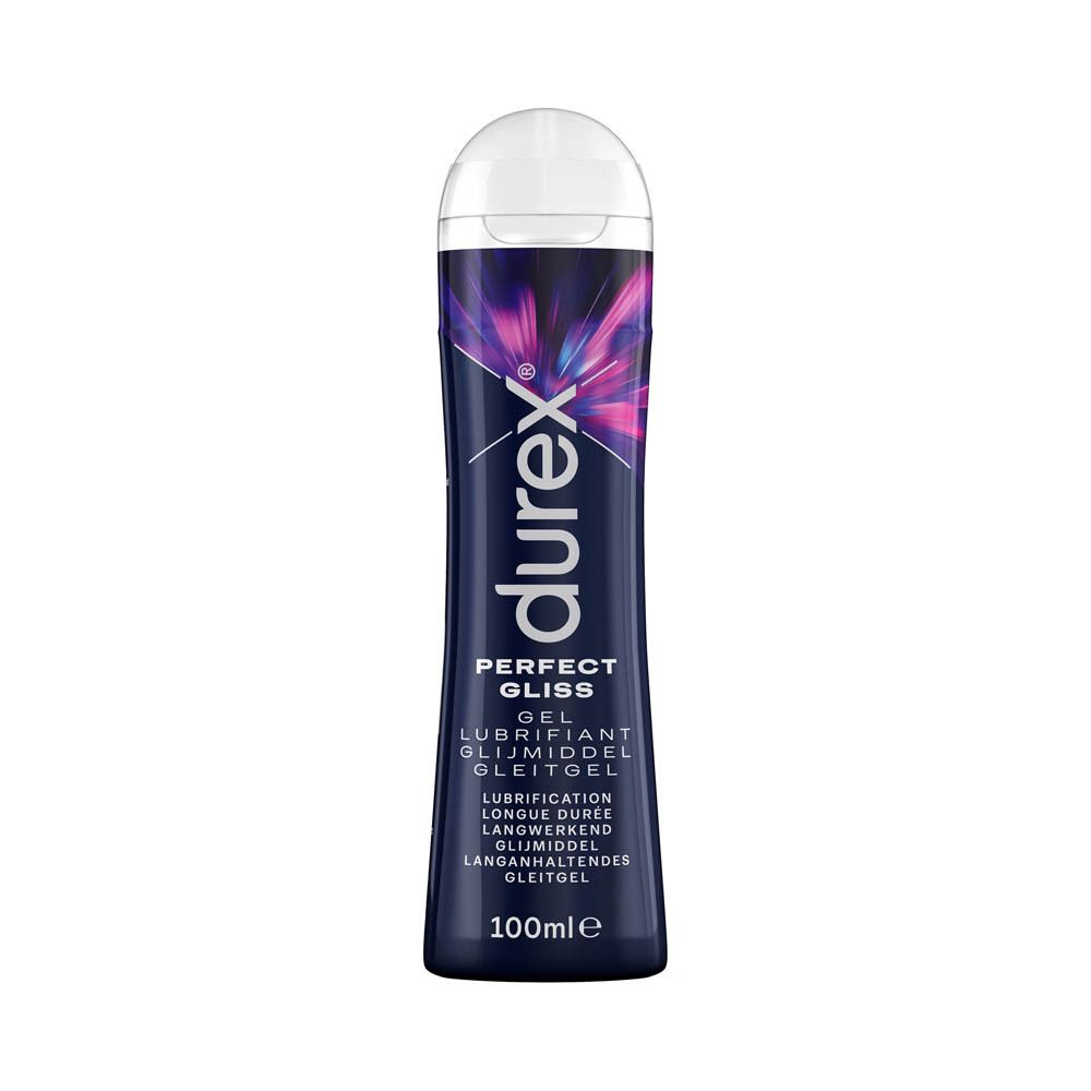 Durex Perfect Gliss gel, fles. Donkerblauwe fles met witte dop. Productnaam en merk zichtbaar.