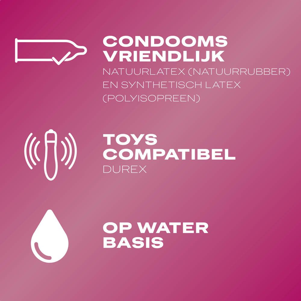 Tekst-illustraties op roze achtergrond. Condoomvriendelijk, Toys compatibel, Op waterbasis.