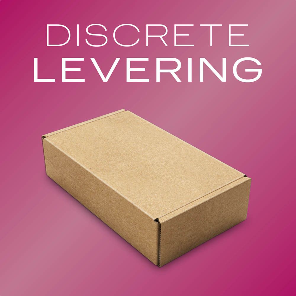 Bruine, rechthoekige doos op roze achtergrond. Opschrift: DISCRETE LEVERING.
