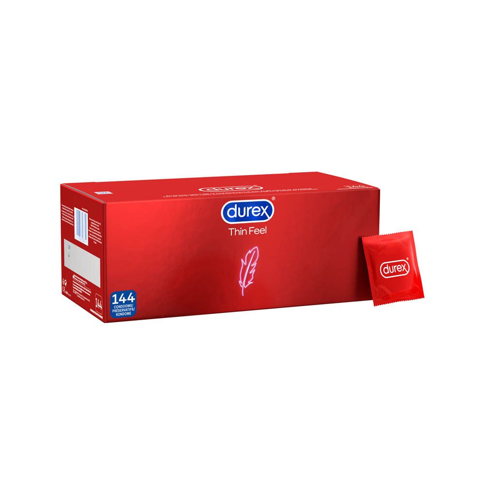 Rode doos "durex" met veersymbool. 144 condooms en één condoom.