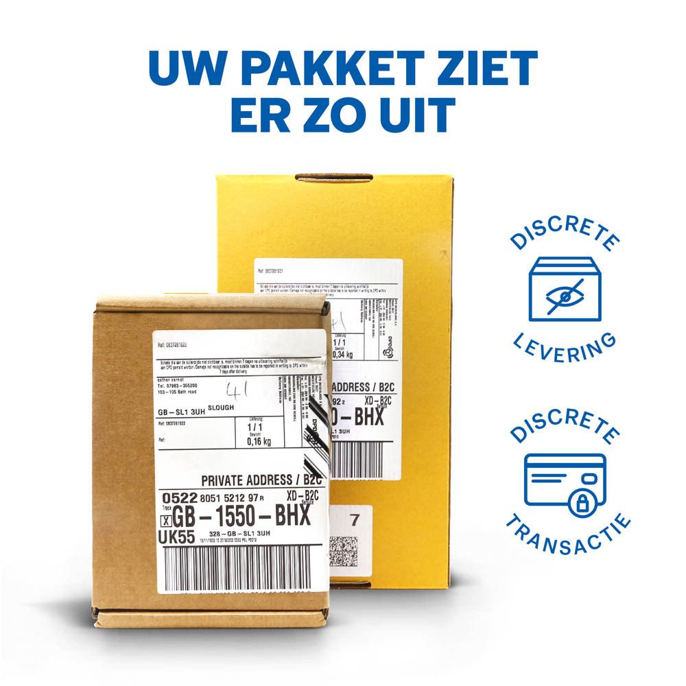 Twee bruine verzenddozen met adreslabels. Symbolen voor discrete levering.