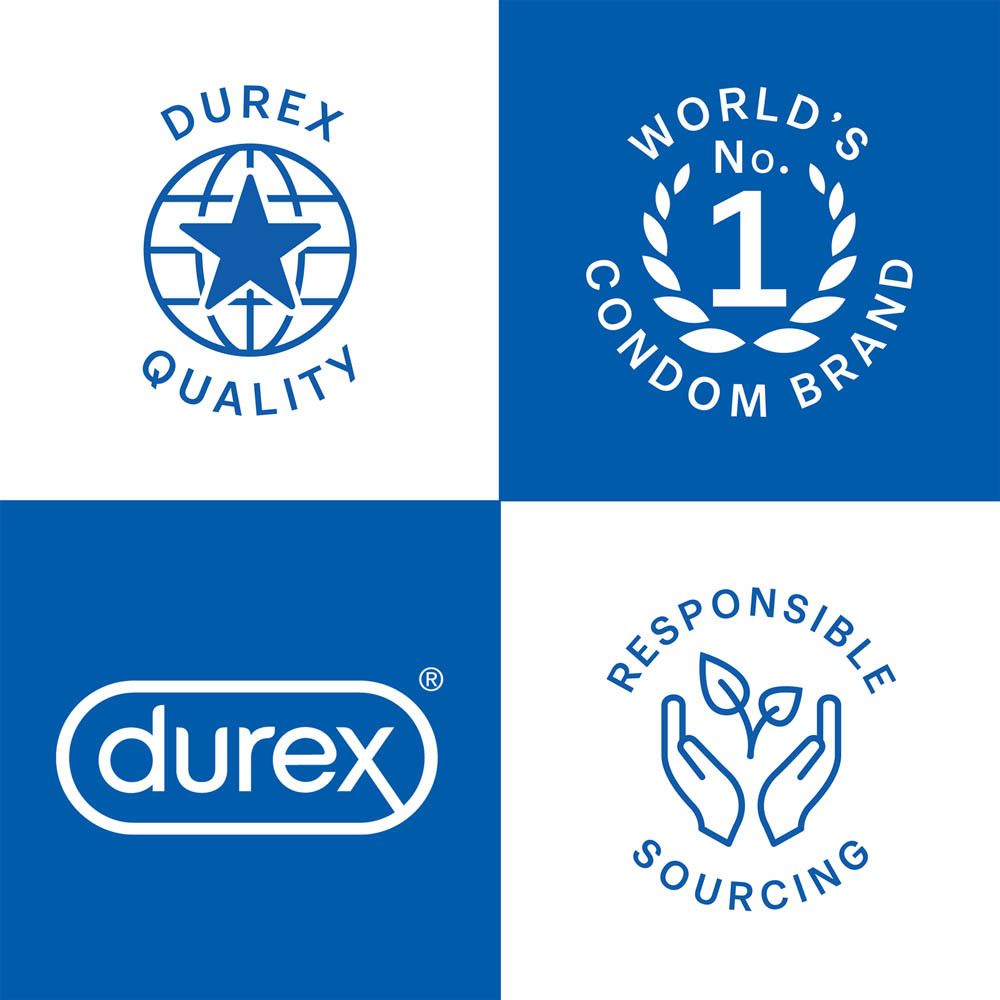 Vier logo's: Durex Quality, World's No. 1 Condom Brand, Durex logo, Responsible Sourcing.