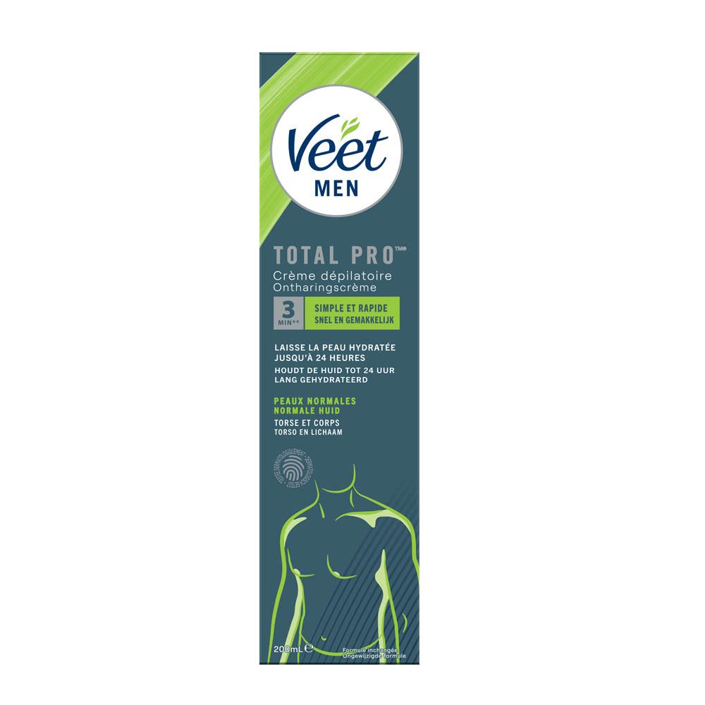 Veet Men Total Pro ontharingscrème. Groen-wit design. Tekst: Crème Dépilatoire, Ontharingscrème, normale huid, torso.