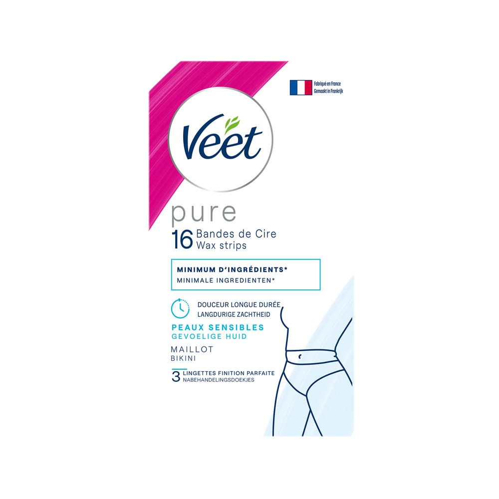 Veet PURE koude wasstrips. 16 strips, 3 doekjes. Voor gevoelige huid. Vrouw in bikini afgebeeld.