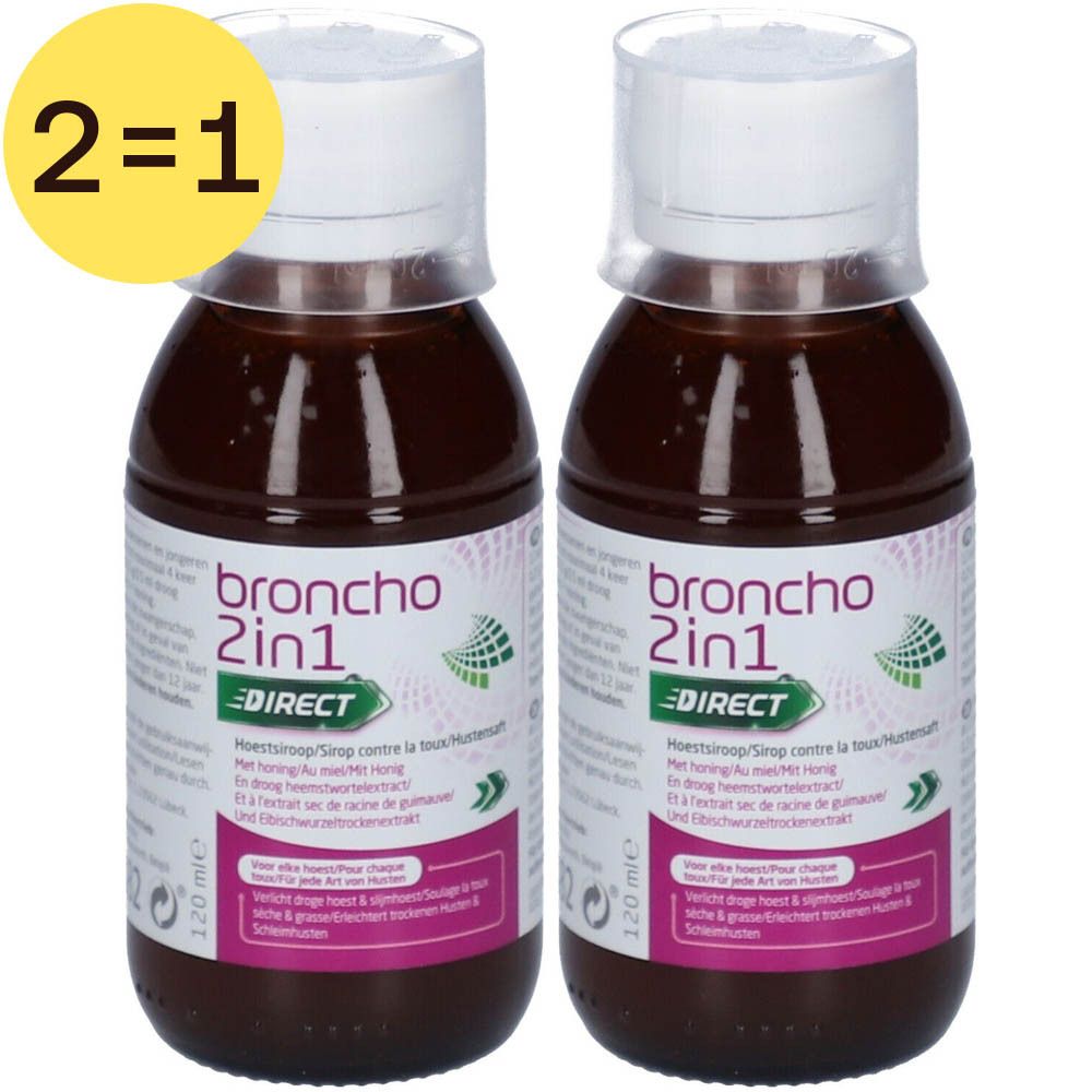 Twee flessen Broncho 2in1. Bruine vloeistof, witte dop, roze etiket met tekst. Geel 2=1 symbool.