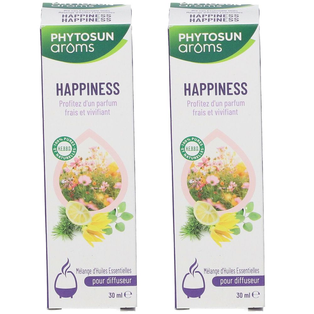 Twee rechthoekige dozen met PHYTOSUN Aroms Happiness. Opschriften: Happiness, 100% pure, natuurlijke kruiden, bloemen, citroen, 30 ml.