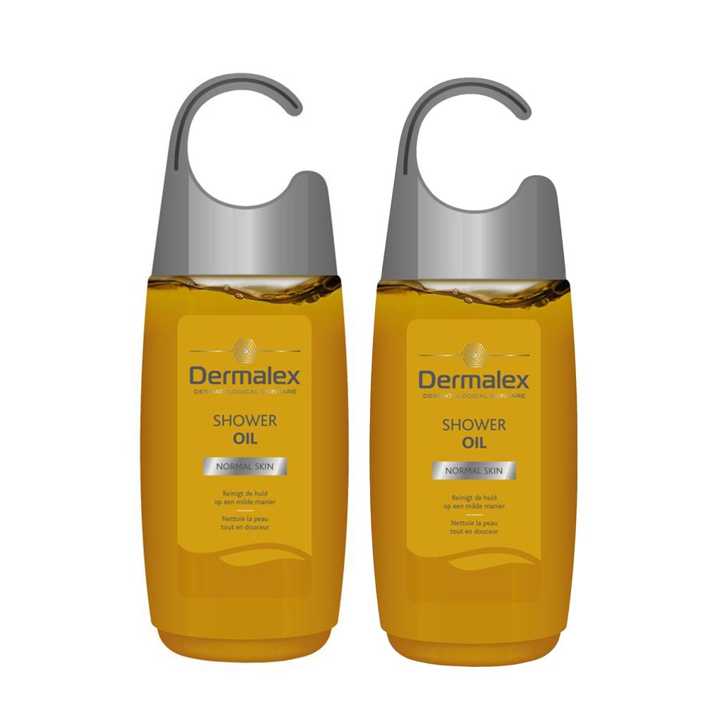 Deux flacons de Dermalex Shower Oil, jaune, avec crochet. Inscription: Normal Skin.