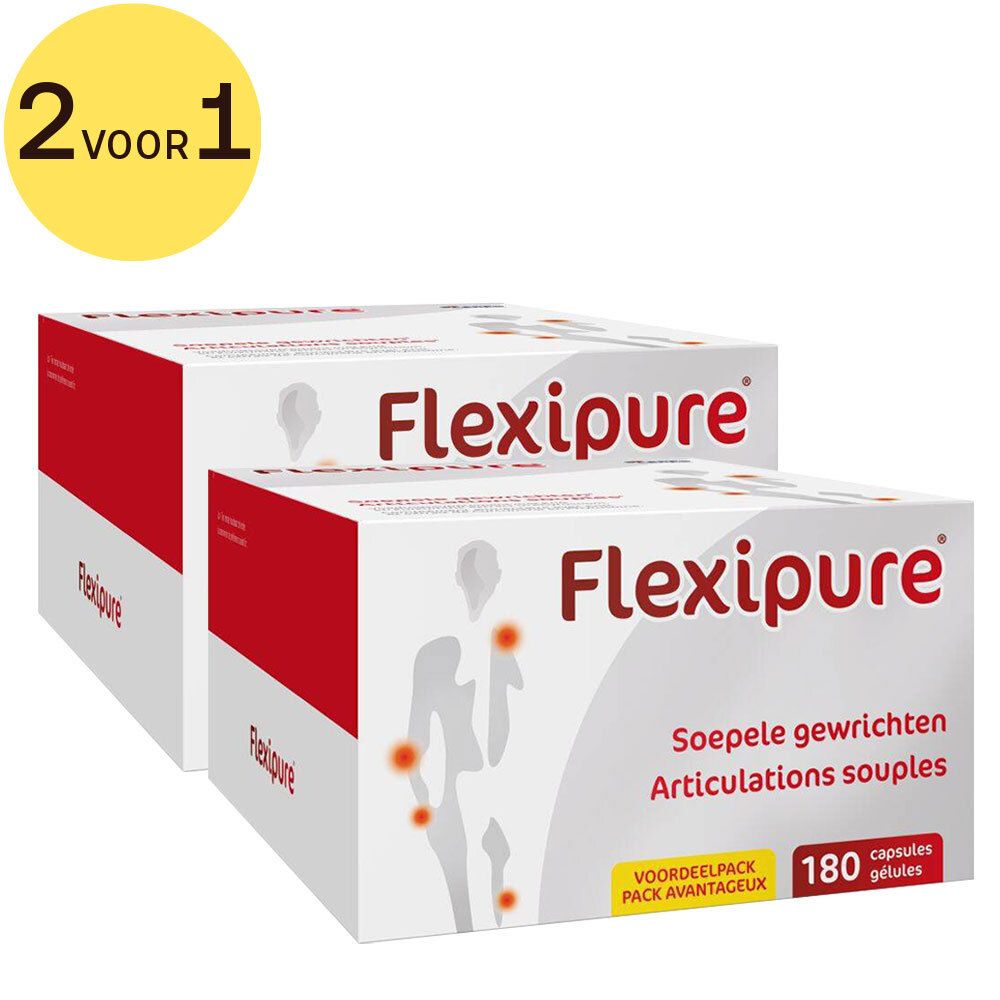 Twee Flexipure-verpakkingen. Opschrift: 2 voor 1. Rode en witte verpakking. Tekst: Soepele gewrichten, Articulations souples. 180 capsules.