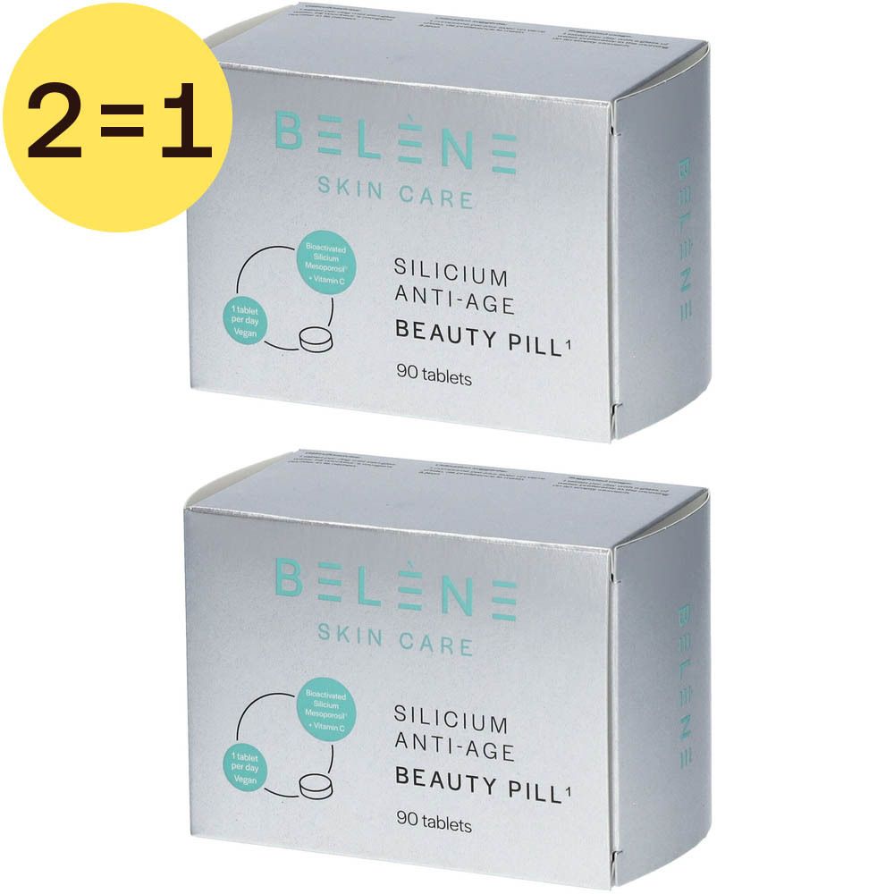Deux boîtes de Belène Silicium Anti-Age Beauty Pill. Inscription 2=1. Chaque boîte contient 90 comprimés.