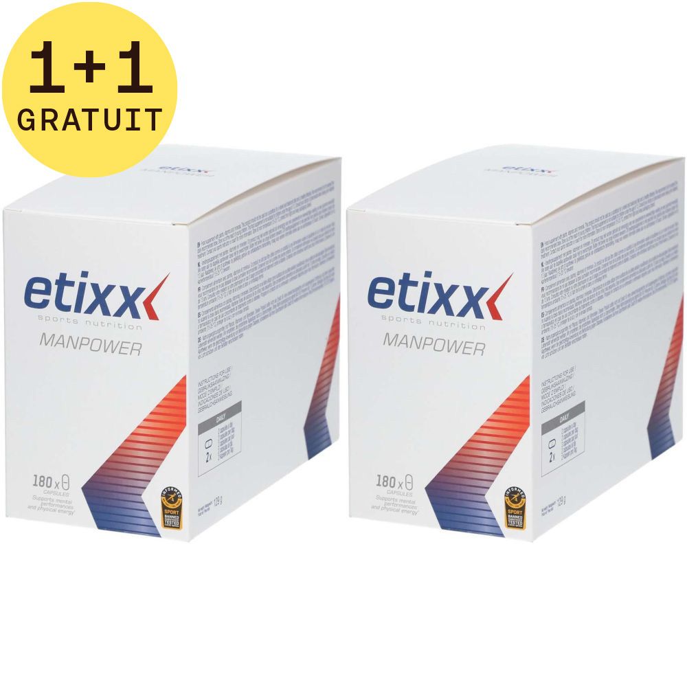 Deux boîtes blanches Etixx Manpower avec autocollant 1+1 GRATUIT.