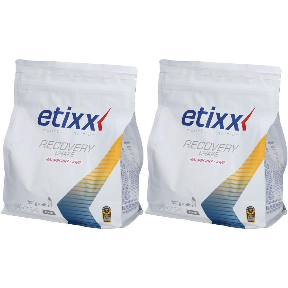 Twee witte zakken. Opschrift etixx, Recovery Shake, Framboos/Kiwi. Logo en productnaam duidelijk zichtbaar op de verpakking.