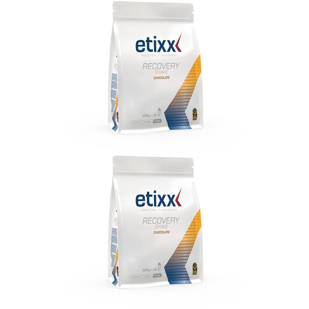 Twee zakken Etixx Recovery Shake Chocolat. Wit, met logo en productnaam. Blauwe en gele accenten.
