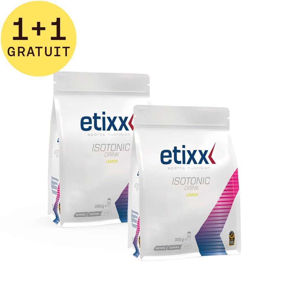 Deux sachets Etixx Isotonic Drink Citron. Inscription: 1+1 GRATUIT. Design d'emballage blanc avec logo et nom du produit.