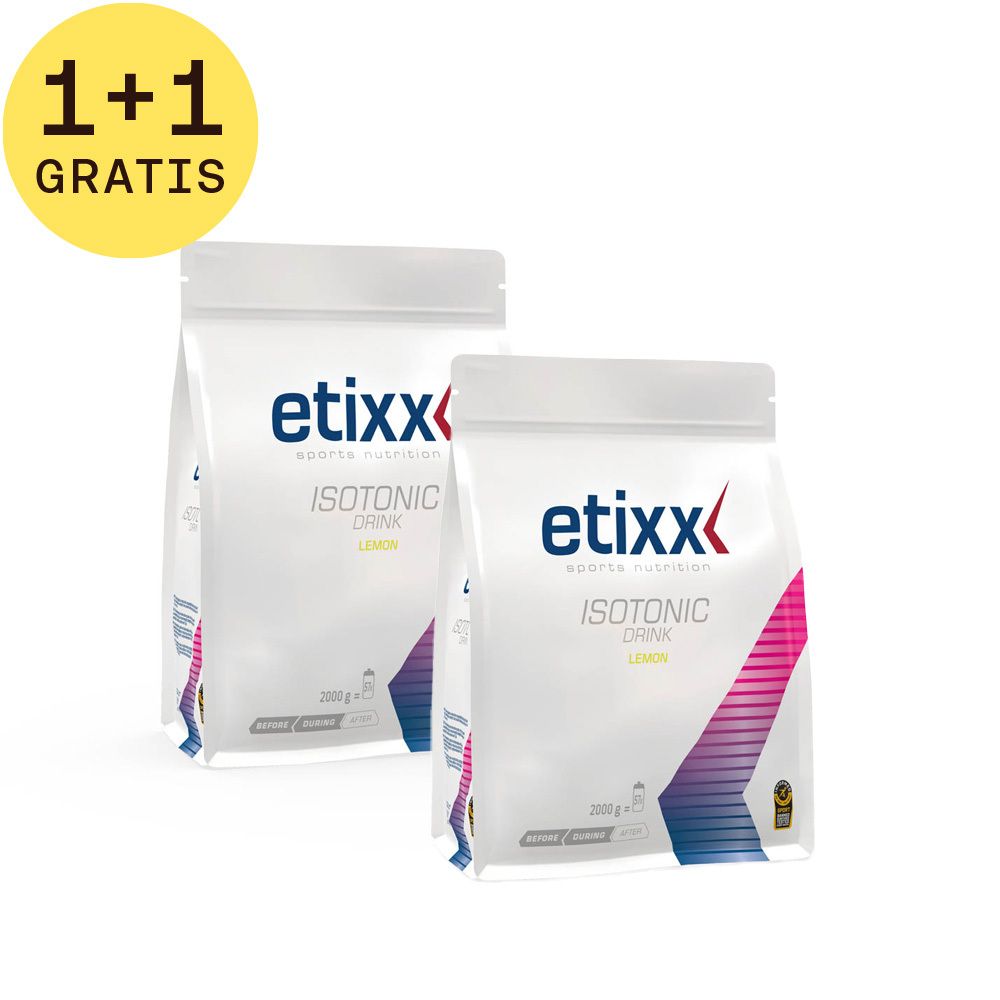 Twee zakken Etixx Isotonic Drink Citroen. Opschrift: 1+1 GRATIS. Wit verpakkingsontwerp met logo en productnaam.