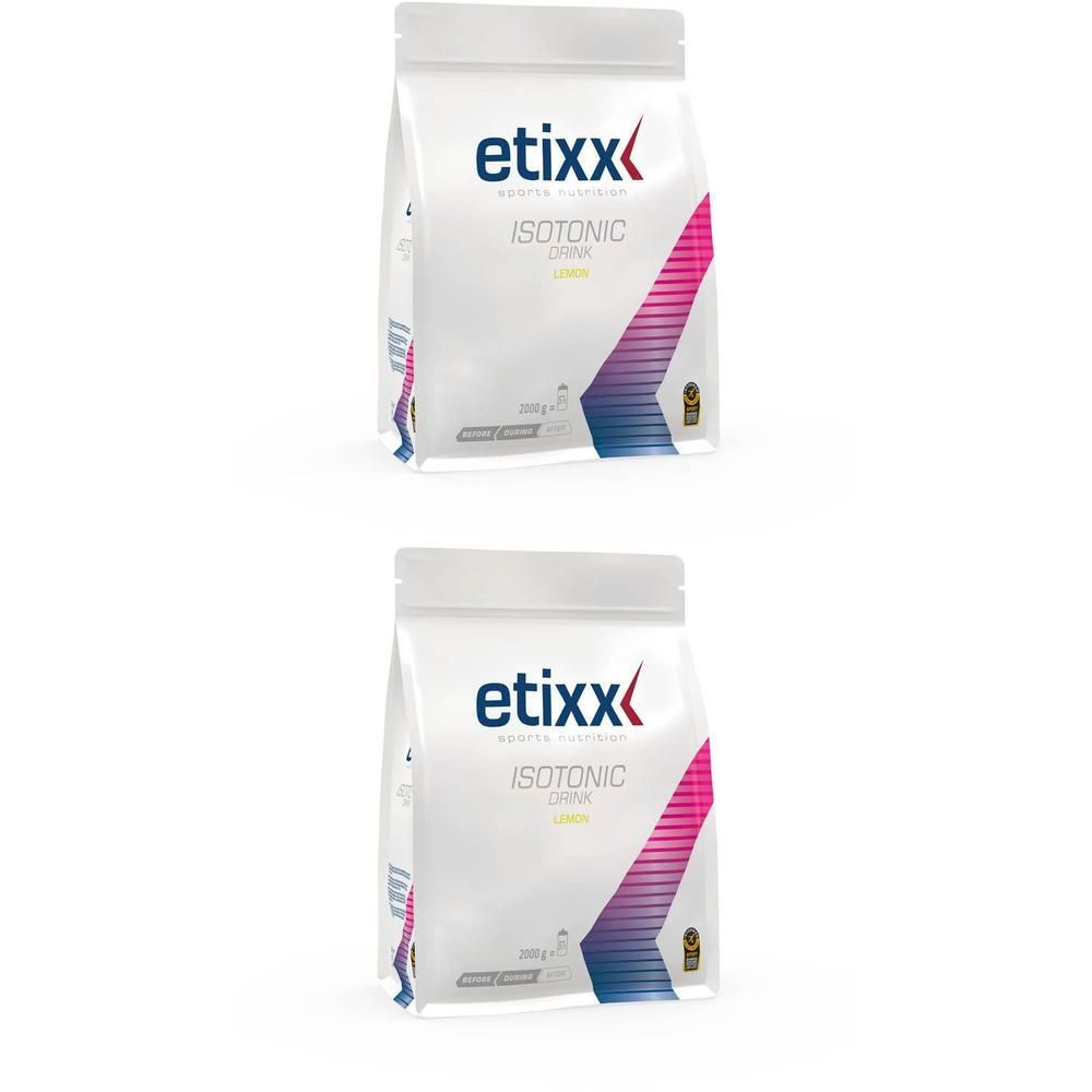 Twee zakken Etixx Isotonic Drink Citron. Witte zak met logo en productnaam. Roze en blauwe designelementen.