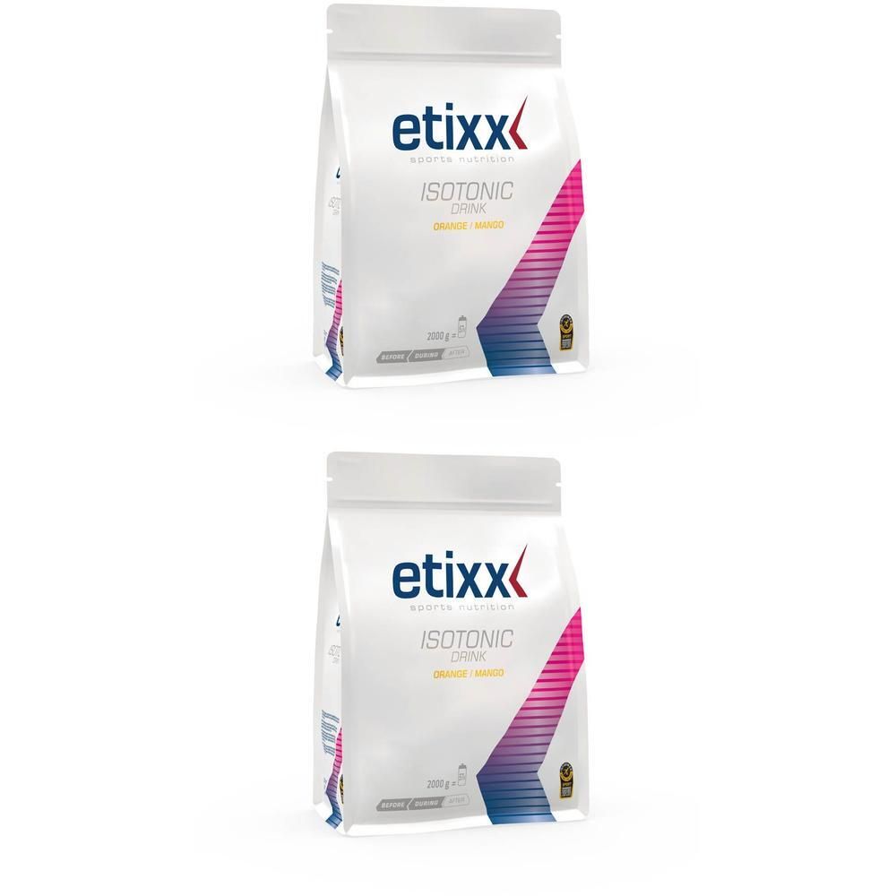 Twee witte Etixx Isotonic Drink Orange-Mango zakken van 2000g. "1+1" sticker linksboven.