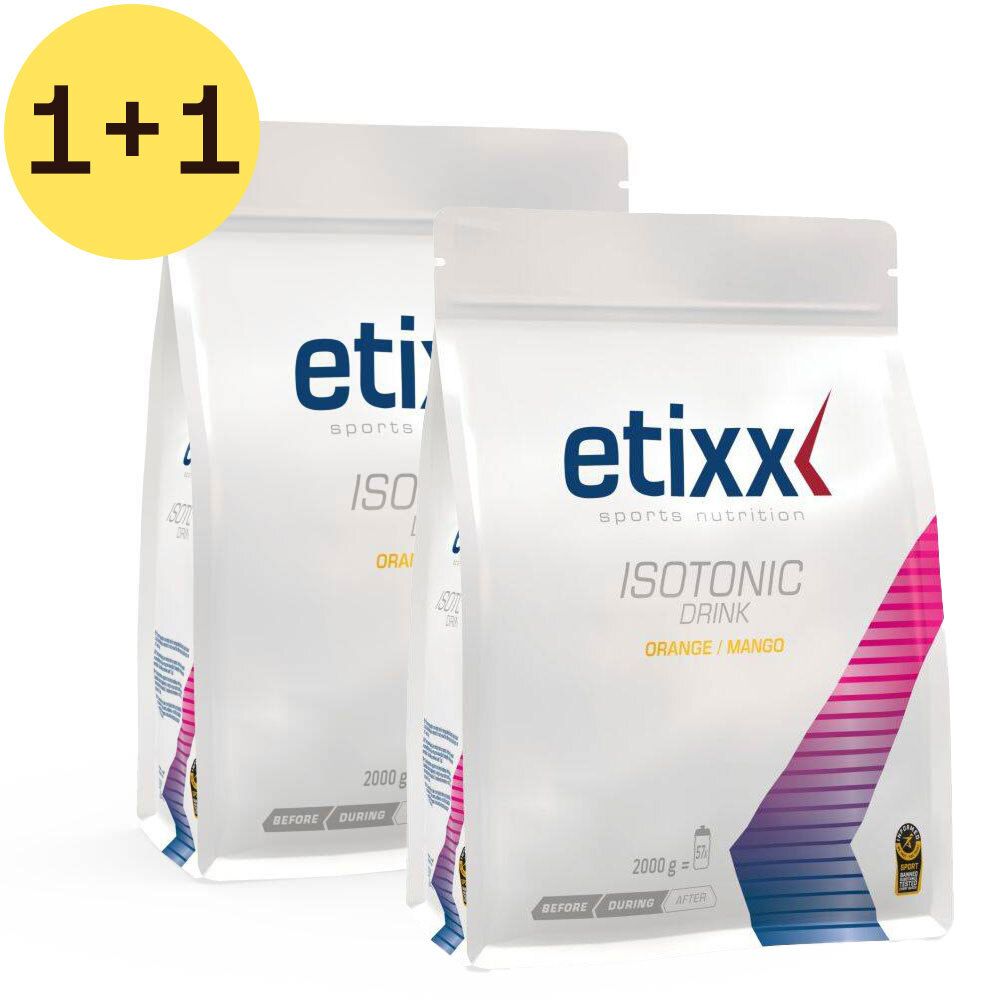 Deux sachets de boisson isotonique Etixx Orange/Mangue. Inscription : 1+1 GRATUIT. Emballage blanc avec logo et nom du produit.