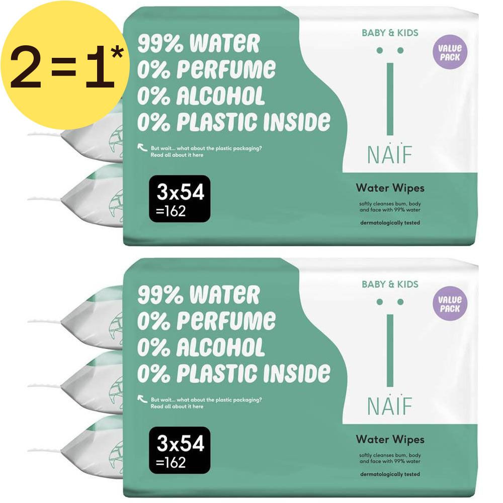 Deux paquets de lingettes NAÏF Bébé & Enfants : 99% eau, 0% alcool, 0% plastique. 3x54 lingettes.