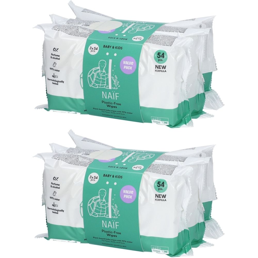 Plusieurs paquets de lingettes. Emballage avec bande verte, inscription NAÏF, Baby & Kids, 54 pièces, nouvelle formule. Pack économique.