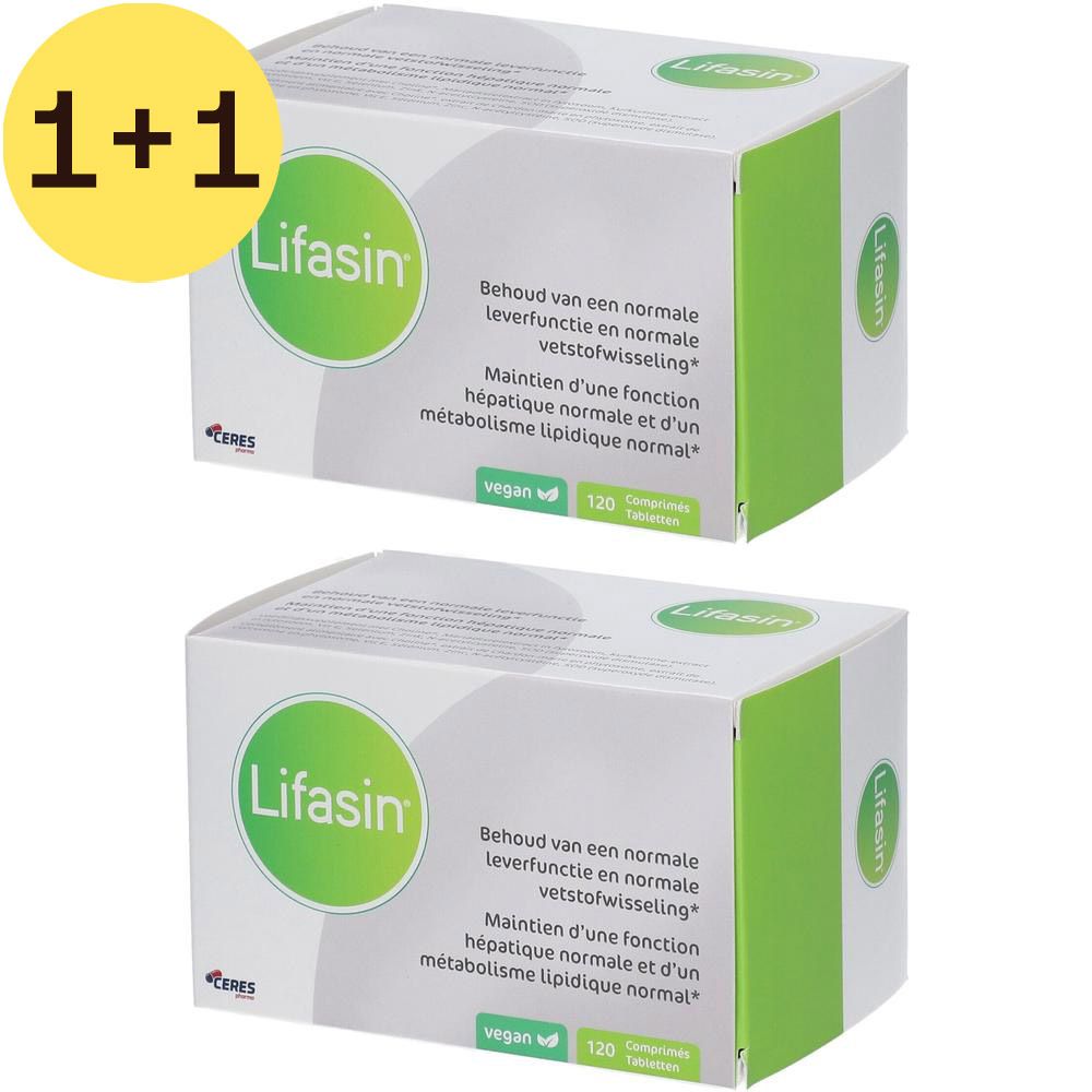 Deux boîtes Lifasin avec logo et texte verts. Inscription : 120 comprimés, vegan. Texte sur la fonction hépatique et le métabolisme.