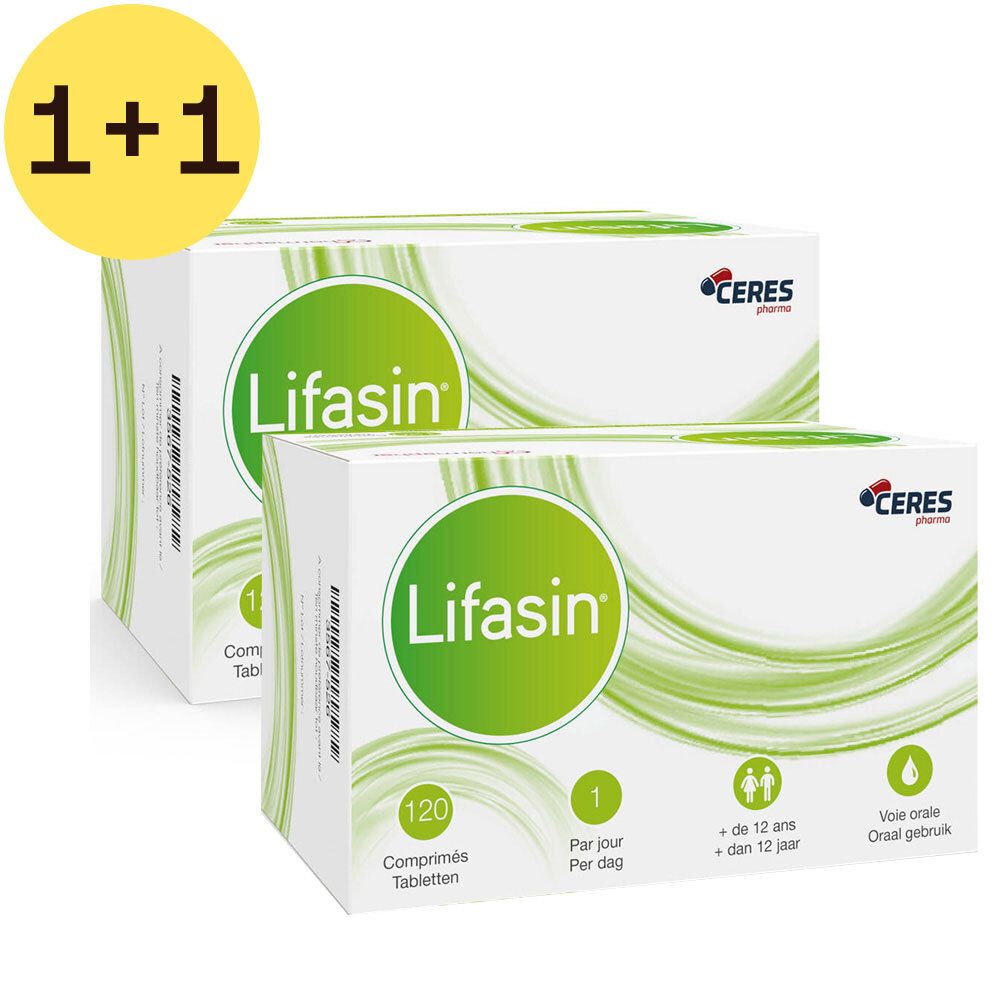 Deux boîtes blanches avec cercle vert et texte Lifasin. Inscription : 120 comprimés, 1 par jour, + de 12 ans. Logo Ceres Pharma.